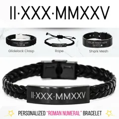 Custom Roman Numeral Bracelet, Personalized Anniversary Jewelry Gift, Elegant Engraved Memory Black keepsakes thumbnail 1