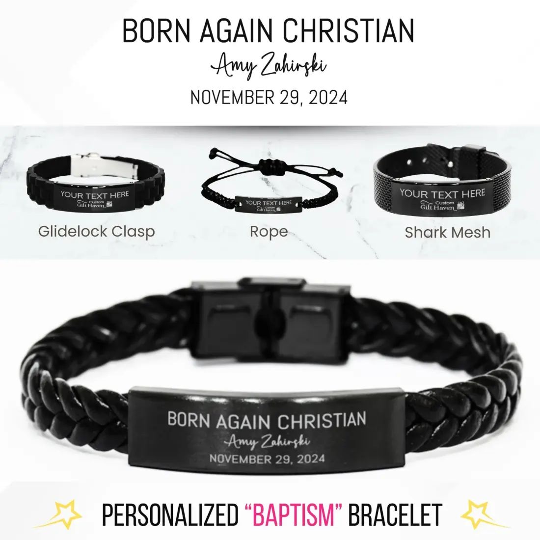Personalized Engraved Baptism Bracelet: Men Christian Baptism Gift, Religious Faith Jewelry