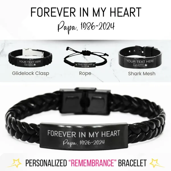 Custom Memorial Bracelet: Laser Engraved Forever In My Heart Remembrance Jewelry Gift