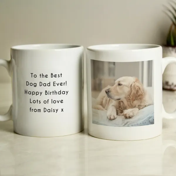 Personalised Photo Upload Mug, Custom Text Engraved Coffee Cup, Dog Dad Gift