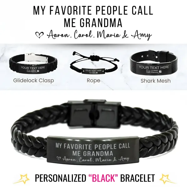 Personalized Engraved Grandma Bracelet: Engraved Black Stainless Steel Sentimental Family Jewelry Gift