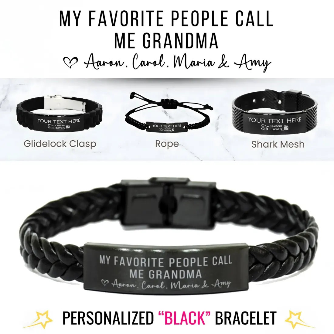 Personalized Engraved Grandma Bracelet: Engraved Black Stainless Steel Sentimental Family Jewelry Gift