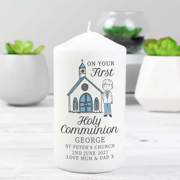 Personalised Boys First Holy Communion Pillar Candle, Custom Name and Church Details