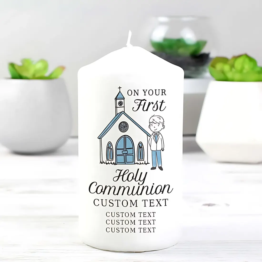 Personalised Boys First Holy Communion Pillar Candle, Custom Name and Church Details — photo 2
