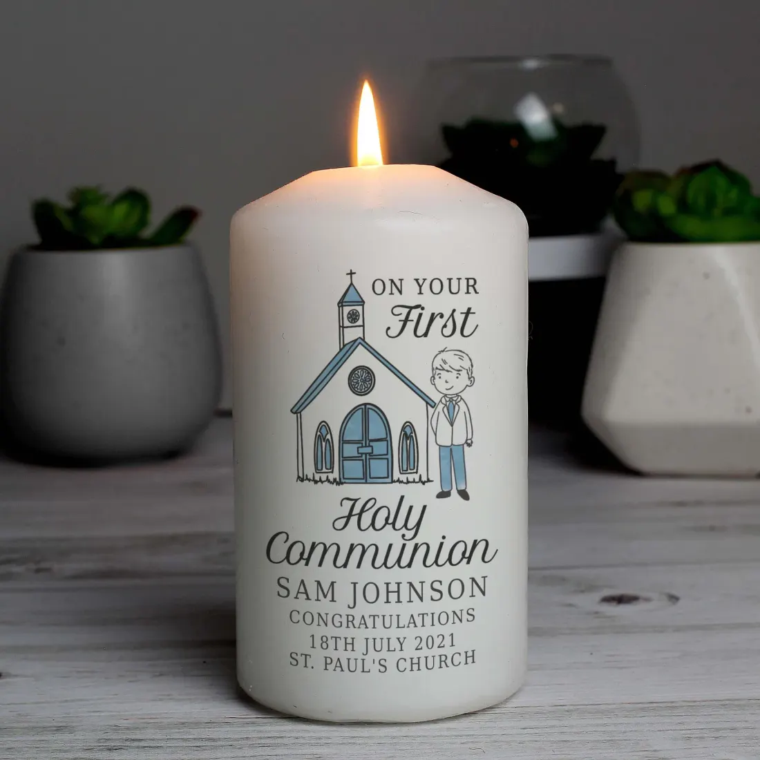 Personalised Boys First Holy Communion Pillar Candle, Custom Name and Church Details — photo 4