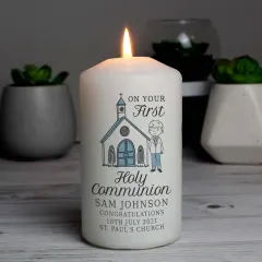 Personalised Boys First Holy Communion Pillar Candle, Custom Name and Church Details thumbnail 4
