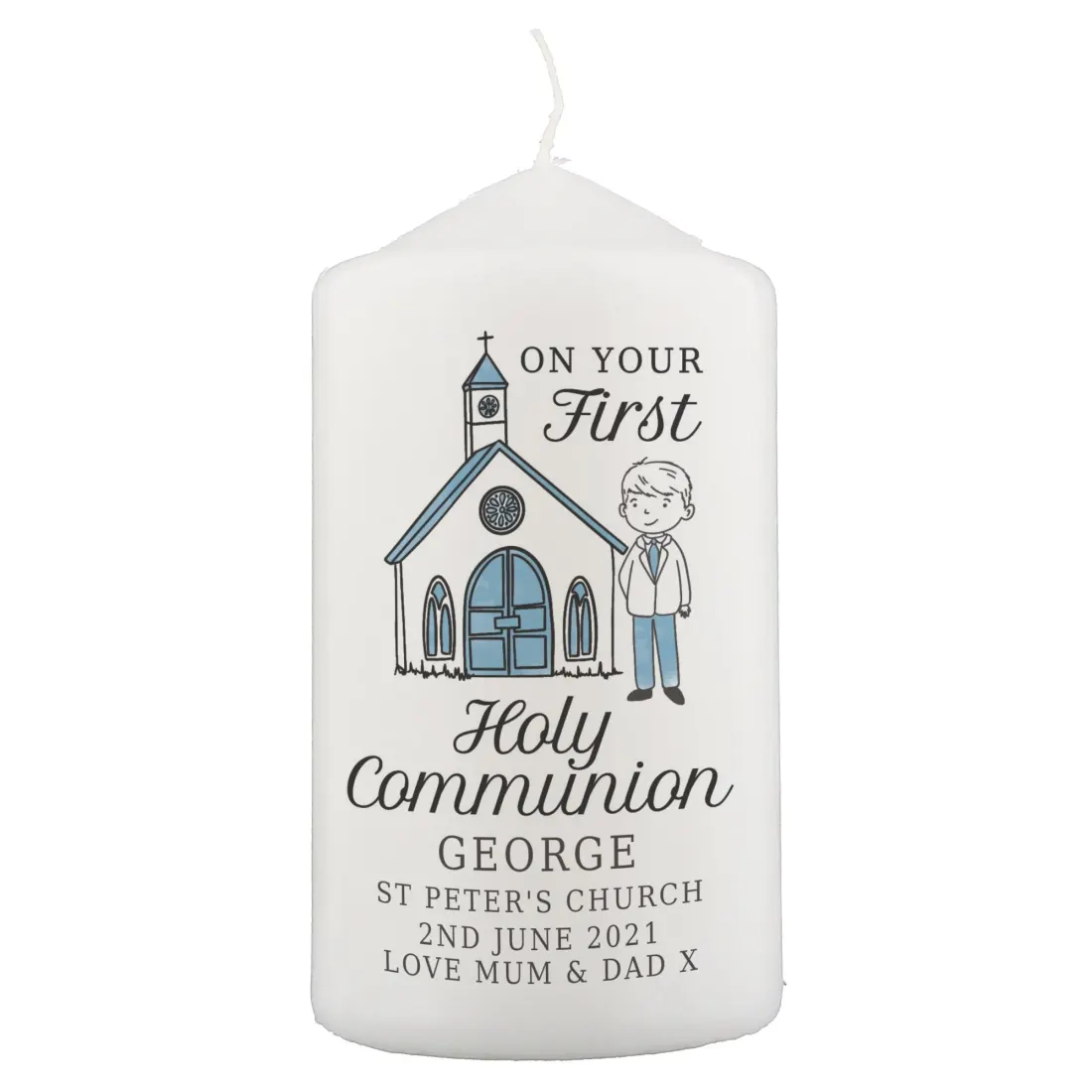 Personalised Boys First Holy Communion Pillar Candle, Custom Name and Church Details — photo 5
