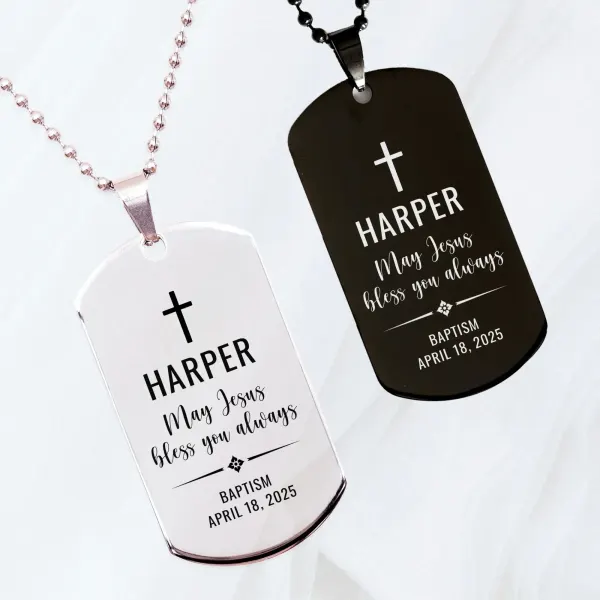 Personalized Baptism Dog Tag Necklace: Custom Laser Engraved Religious Gift, Name Date Cross Gift