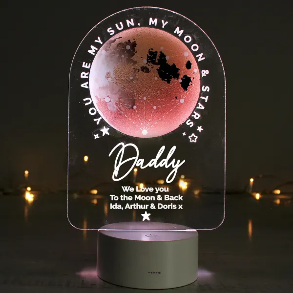 Personalised Sun Moon and Stars LED Night Light, Colour Changing Engraved Text LED Light
