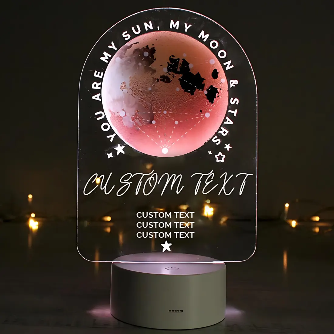 Personalised Sun Moon and Stars LED Night Light, Colour Changing Engraved Text LED Light — photo 2