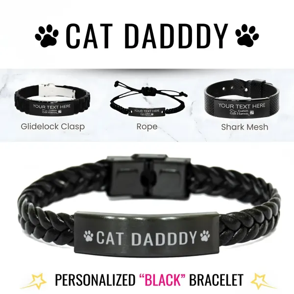 Personalized Cat Dad Bracelet: Custom Engraved Braided Leather Wristband Gift for Cat Lover