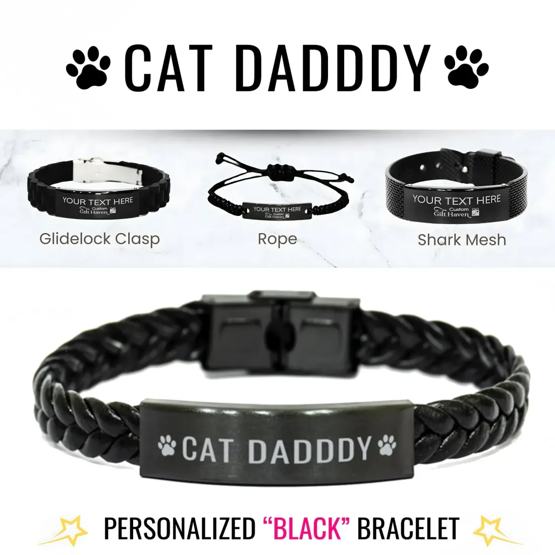 Personalized Cat Dad Bracelet: Custom Engraved Braided Leather Wristband Gift for Cat Lover