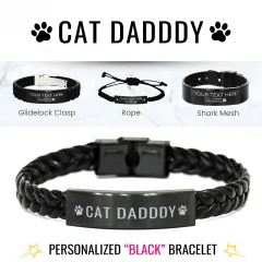Personalized Cat Dad Bracelet: Custom Engraved Braided Leather Wristband Gift for Cat Lover thumbnail 1