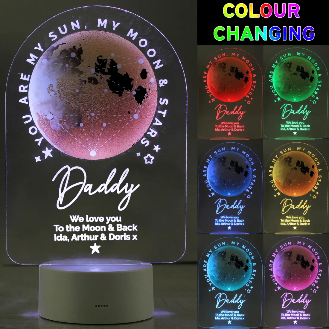 Personalised Sun Moon and Stars LED Night Light, Colour Changing Engraved Text LED Light — photo 3