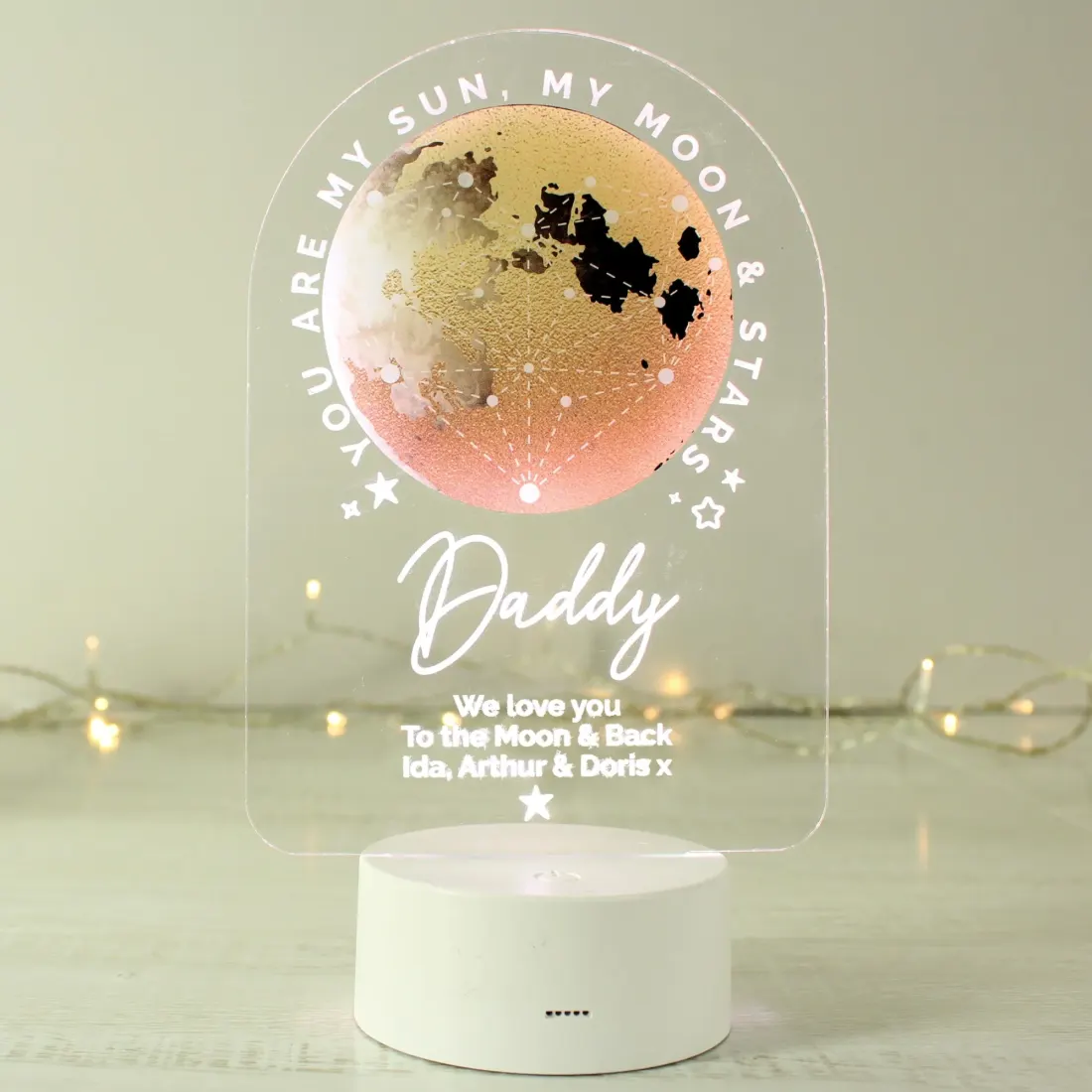 Personalised Sun Moon and Stars LED Night Light, Colour Changing Engraved Text LED Light — photo 4