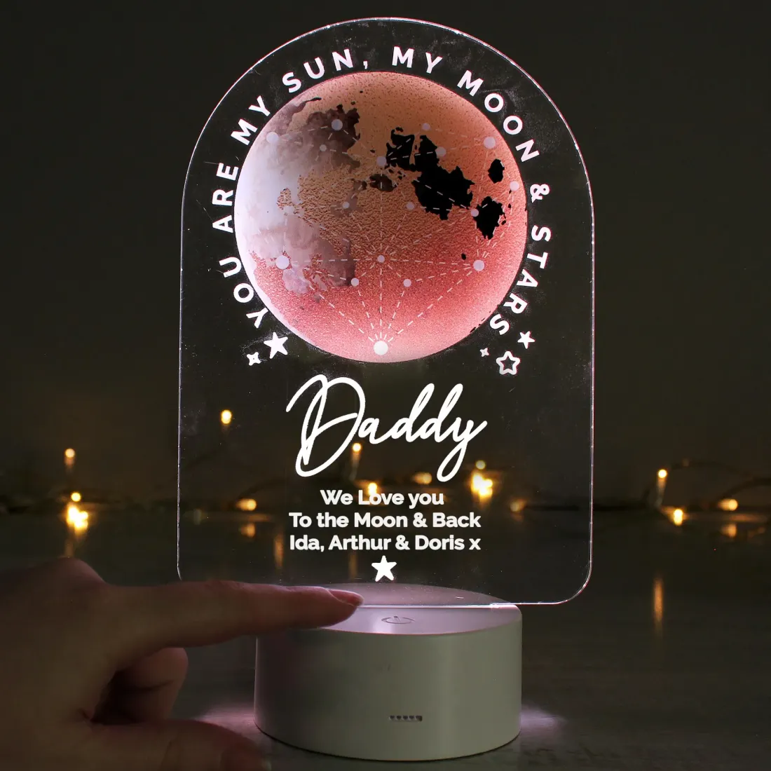 Personalised Sun Moon and Stars LED Night Light, Colour Changing Engraved Text LED Light — photo 5