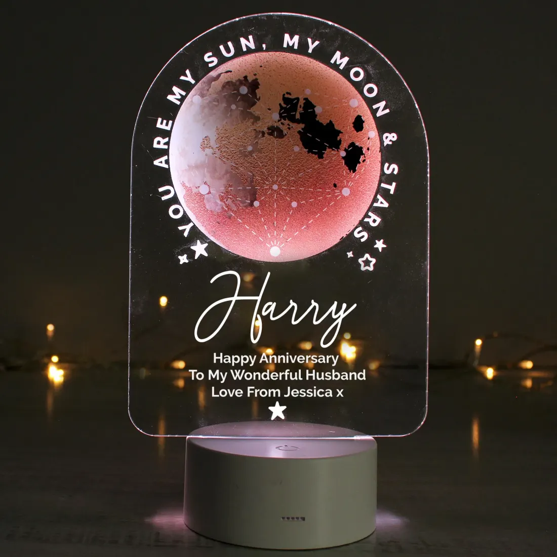 Personalised Sun Moon and Stars LED Night Light, Colour Changing Engraved Text LED Light — photo 6
