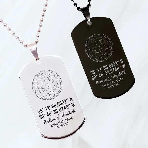 Personalized GPS Coordinates Dog Tag Necklace: Custom Anniversary Jewelry, Engraved Location Gift