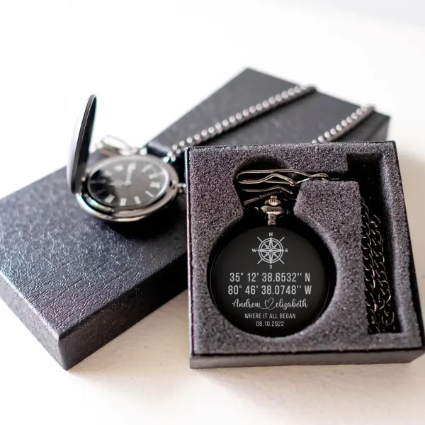 Personalized GPS Coordinates Anniversary Pocket Watch: Custom Laser Engraved Location Gift