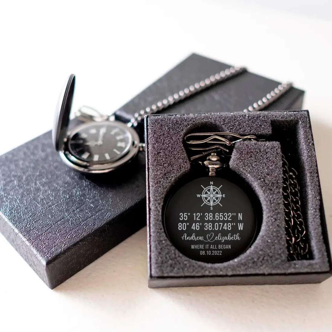 Personalized GPS Coordinates Anniversary Pocket Watch: Custom Laser Engraved Location Gift