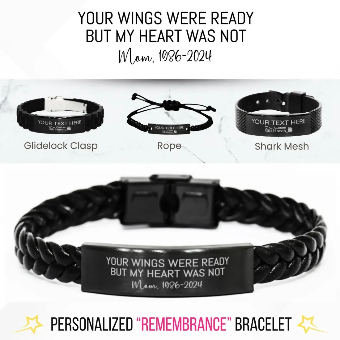 Personalized Memorial Bracelet: "Your Wings Were Ready" Laser Engraved Remembrance Jewelry Gift