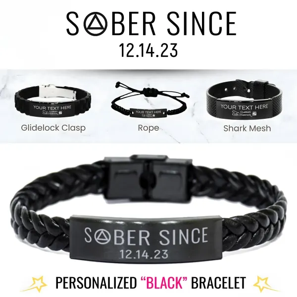 Sober Since Engraved Recovery Bracelet, Personalized Anniversary Gift for Him or Her