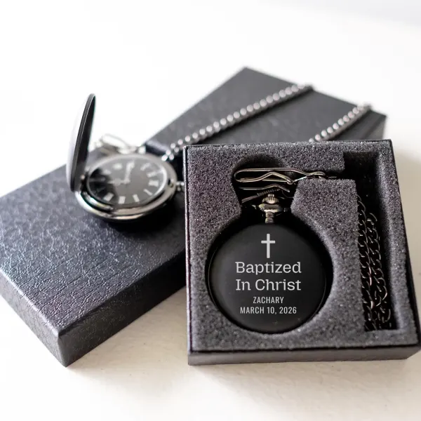 Baptized in Christ Engraved Baptism Pocket Watch: Personalized Name Date Cross Gift
