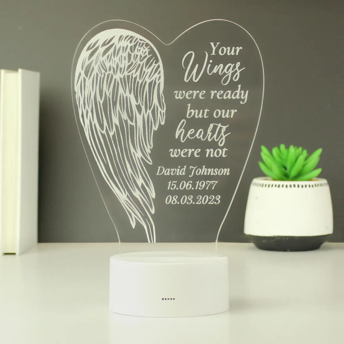 Personalised Angel Wings Memorial Light, Custom Engraved Text Gifts, Colour Changing LED