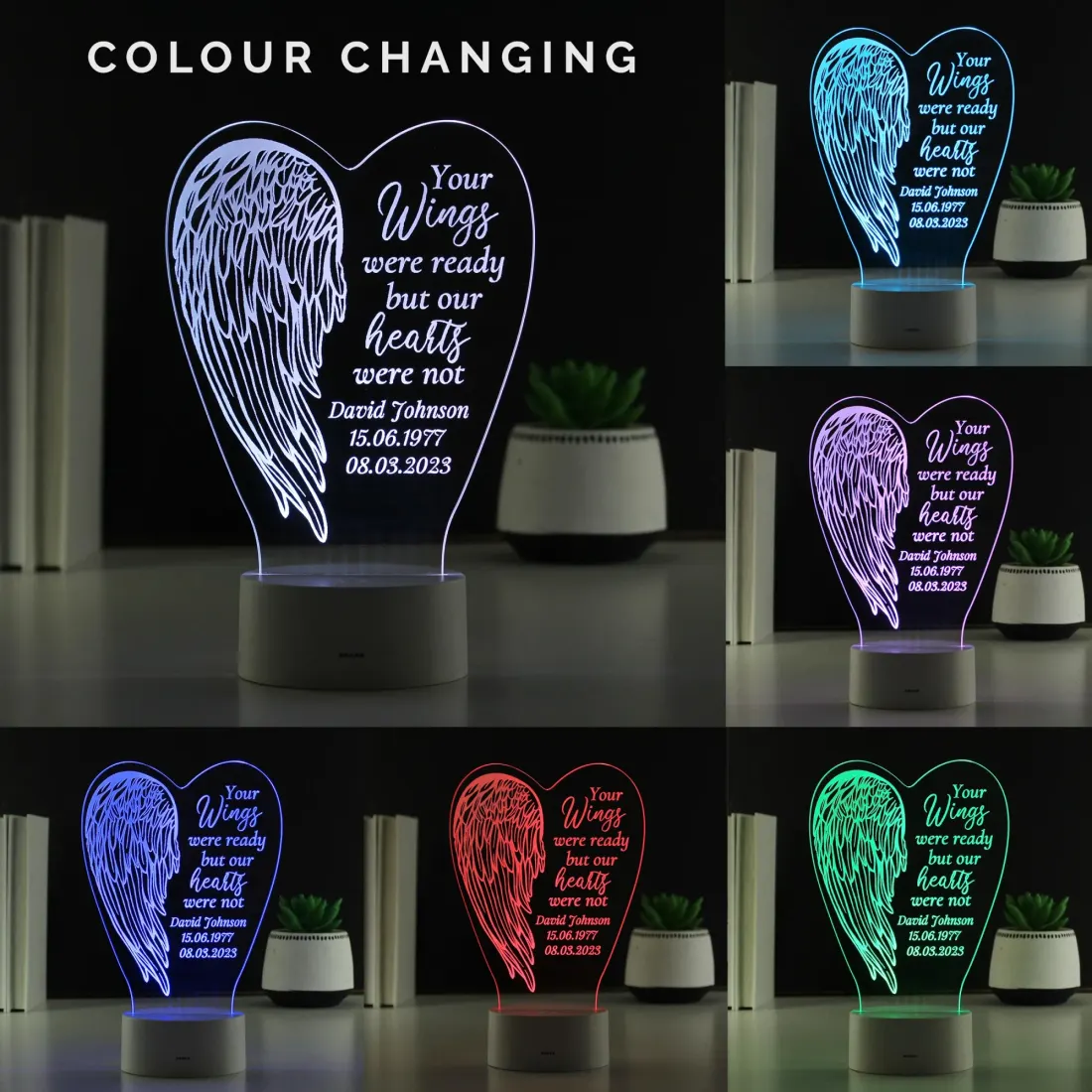 Personalised Angel Wings Memorial Light, Custom Engraved Text Gifts, Colour Changing LED — photo 3