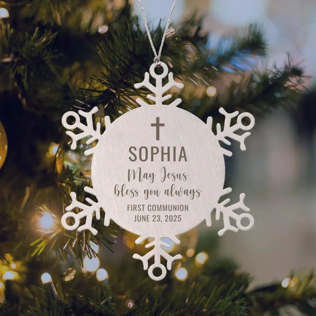 Personalized First Communion Snowflake Ornament: Laser Engraved Religious Gift, Custom Name Date Jewelry — photo 3