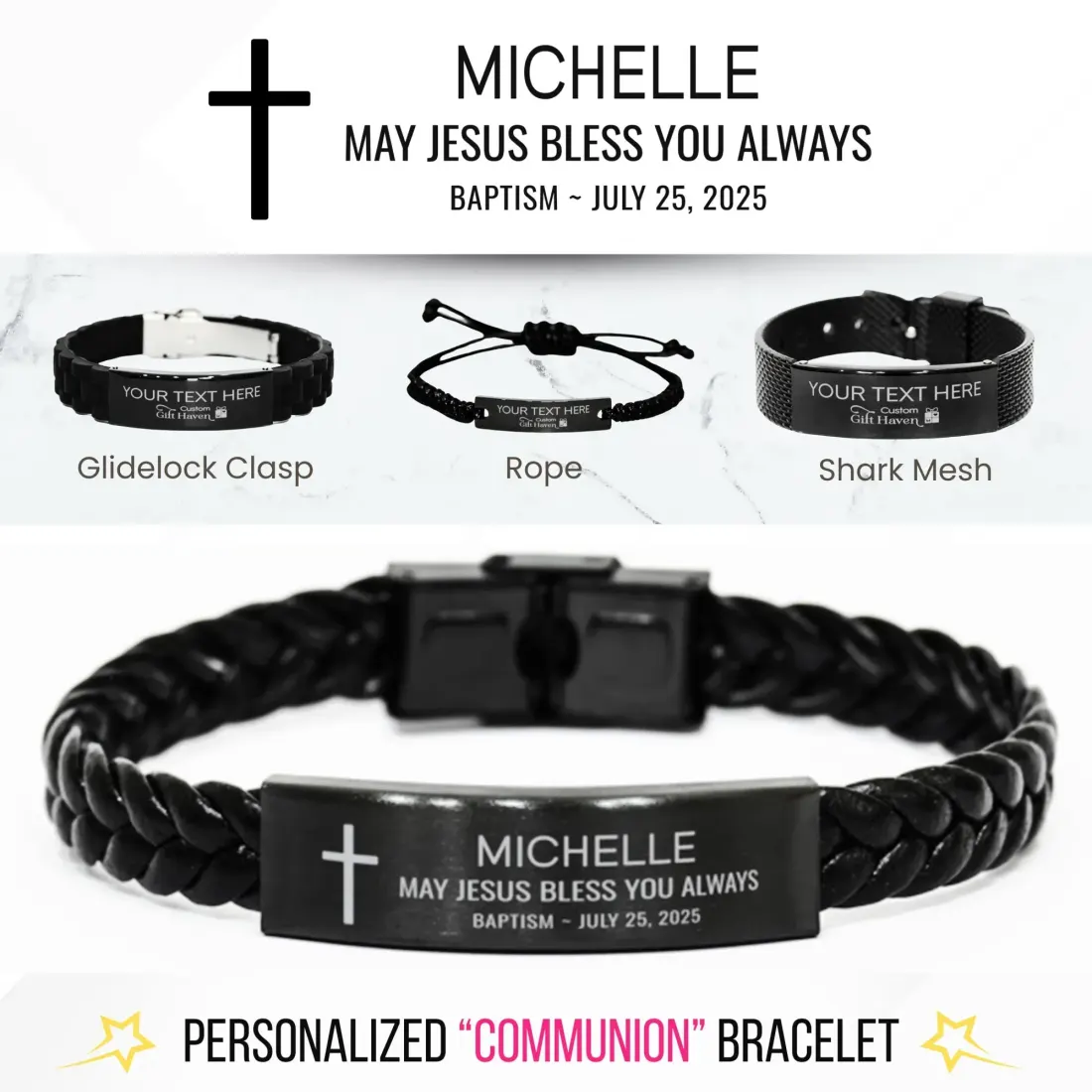 Personalized Baptism Bracelet: Custom Laser Engraved Christian Faith Gifts, May Jesus Bless You Always