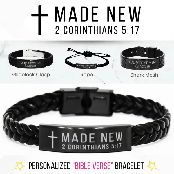 Personalized Bible Verse Bracelet: Made New Engraved Stainless Steel Black Religious Scripture Jewelry