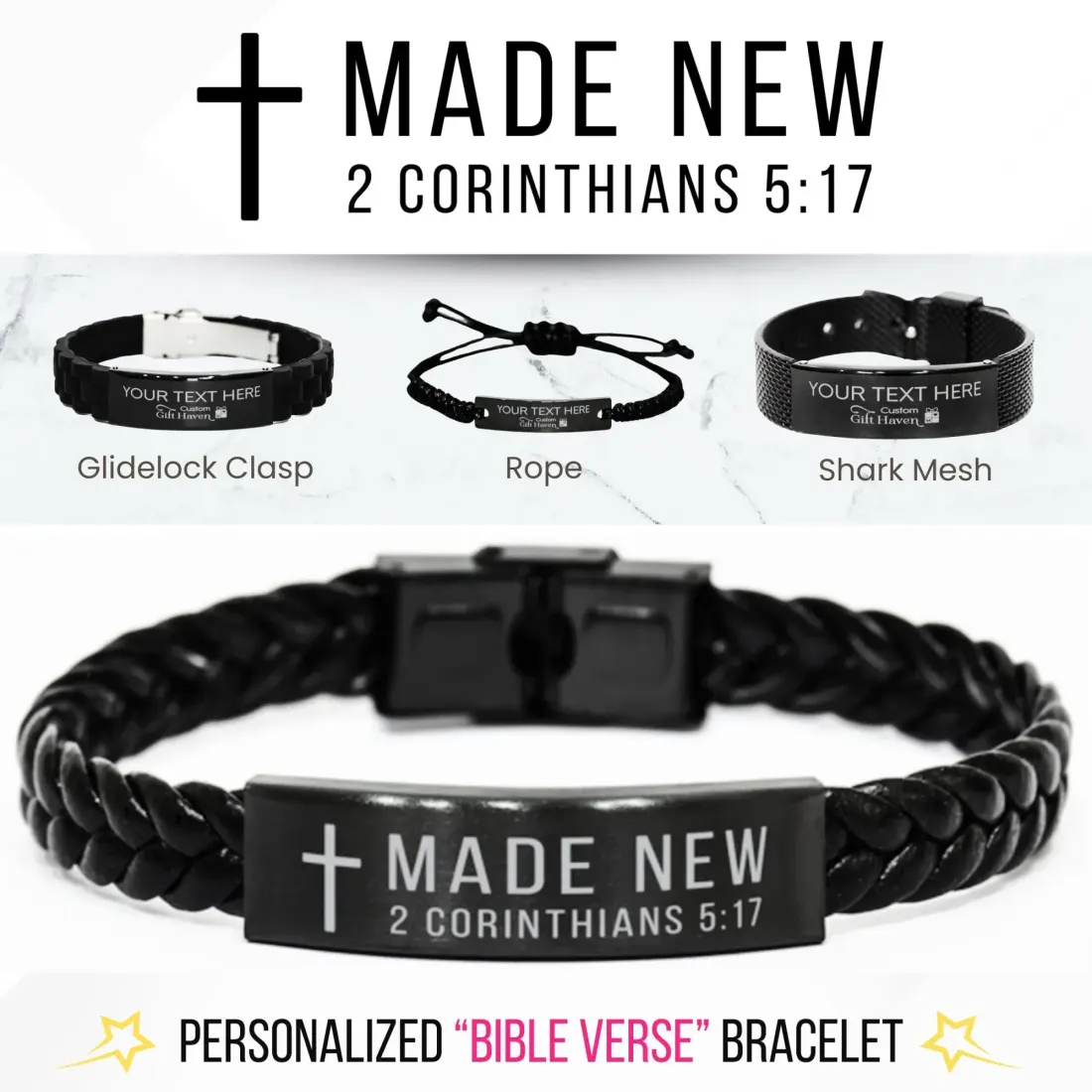 Personalized Bible Verse Bracelet: Made New Engraved Stainless Steel Black Religious Scripture Jewelry