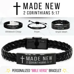 Personalized Bible Verse Bracelet: Made New Engraved Stainless Steel Black Religious Scripture Jewelry thumbnail 1