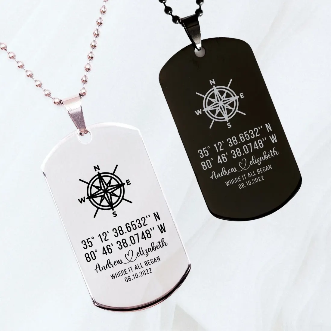 Personalized Coordinates Dog Tag Necklace: Laser Engraved Stainless Steel Jewelry, Custom Location Gifts
