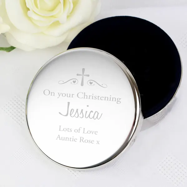 Personalised Religious Round Trinket Box, Swirls and Hearts Custom Engraved Keepsake