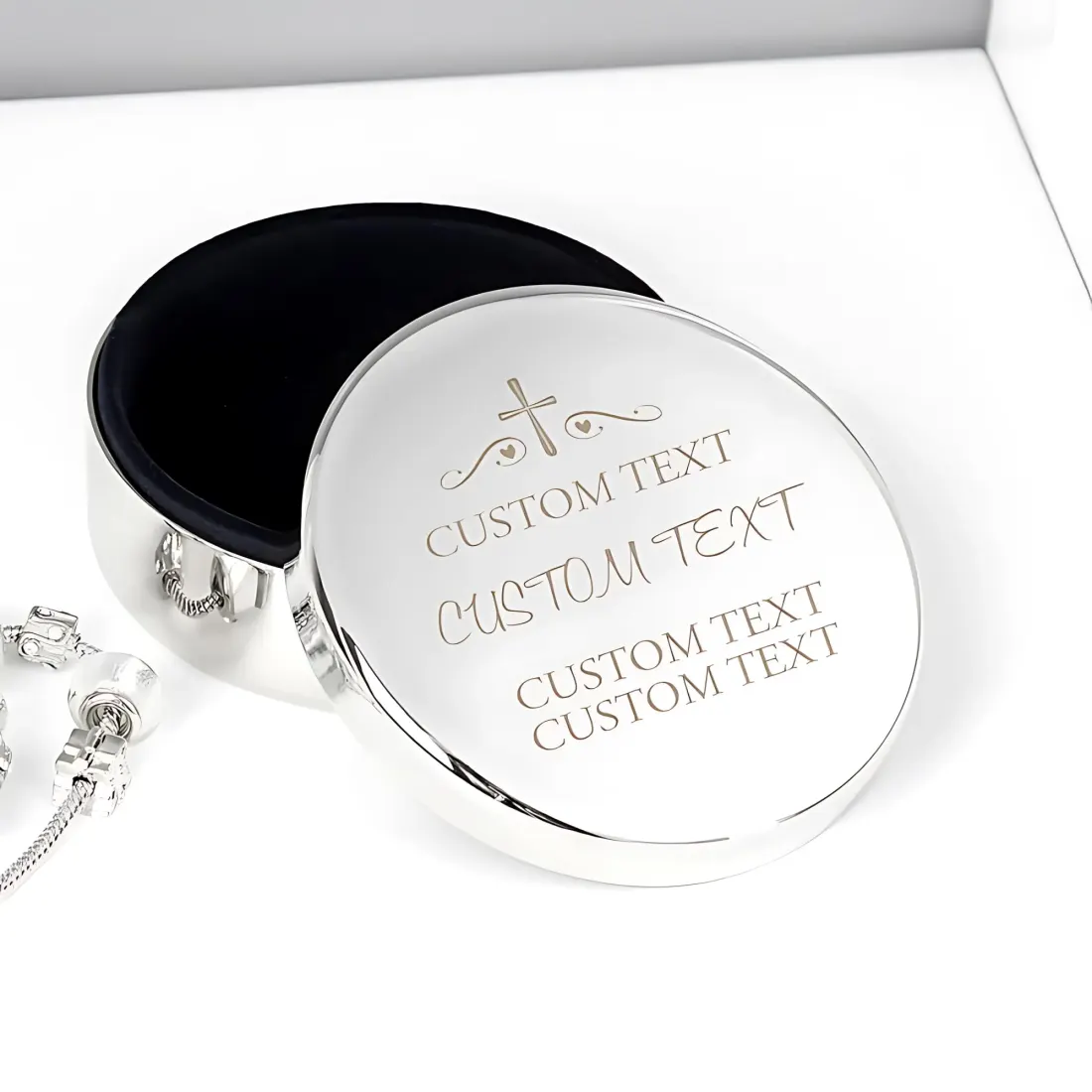 Personalised Religious Round Trinket Box, Swirls and Hearts Custom Engraved Keepsake — photo 2