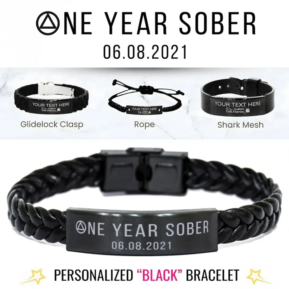 Personalized Sobriety Bracelet, Men's Custom Recovery Wristband, One Year Sober Gift