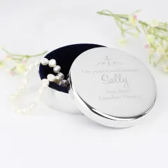 Personalised Religious Round Trinket Box, Swirls and Hearts Custom Engraved Keepsake thumbnail 4