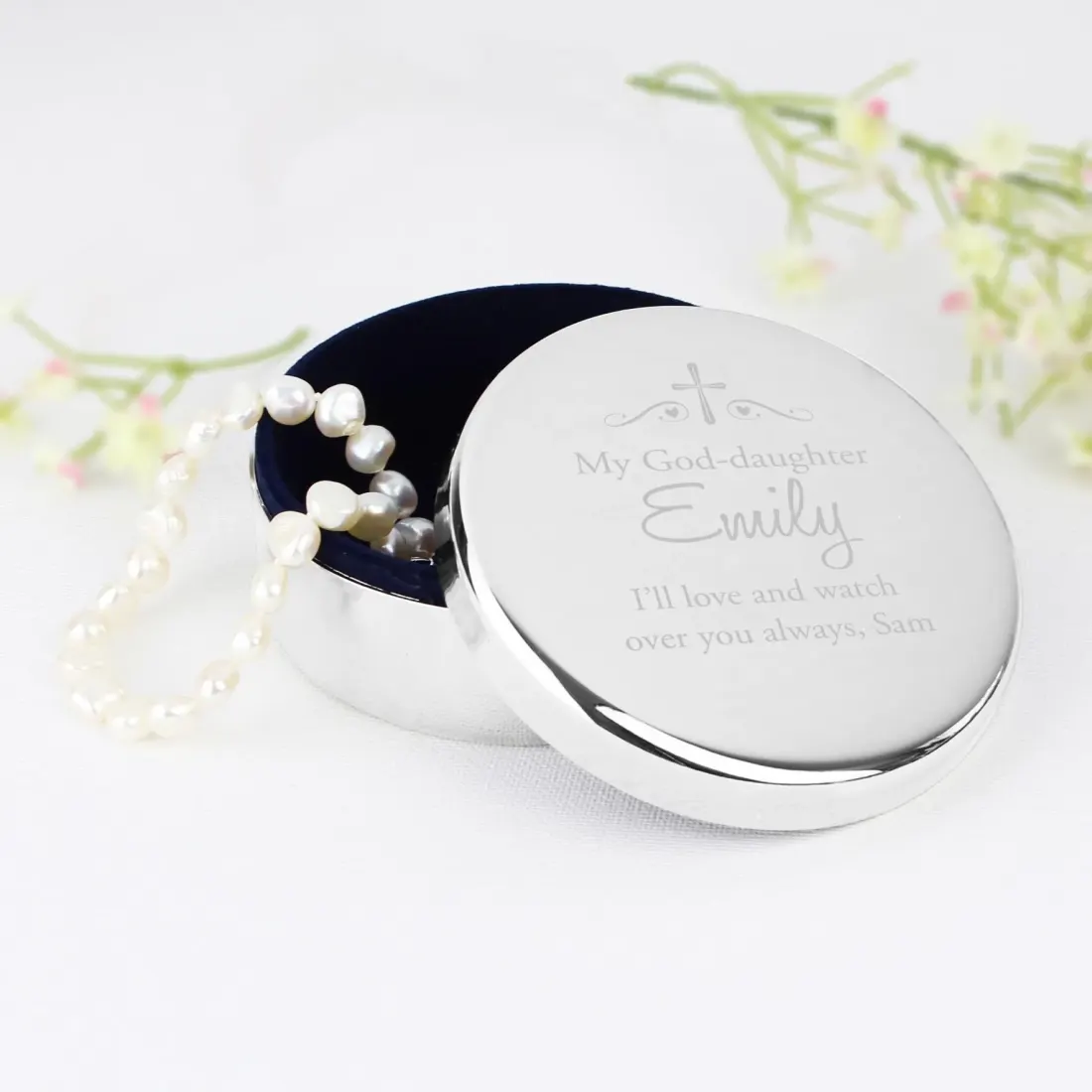 Personalised Religious Round Trinket Box, Swirls and Hearts Custom Engraved Keepsake — photo 5