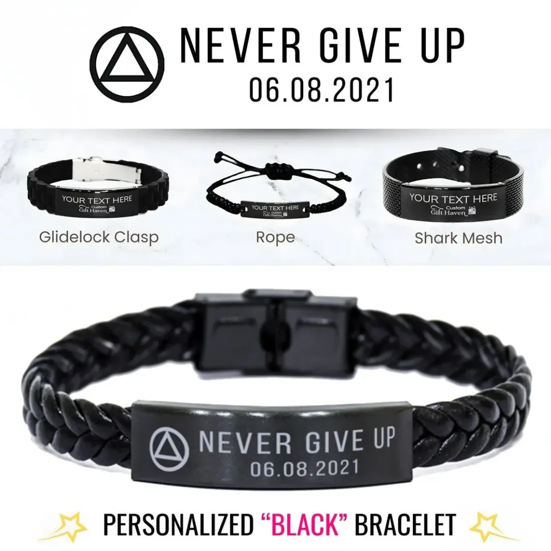 Personalized Sober Bracelet for Men, Recovery Anniversary Jewelry, Engraved Never Give Up Gift