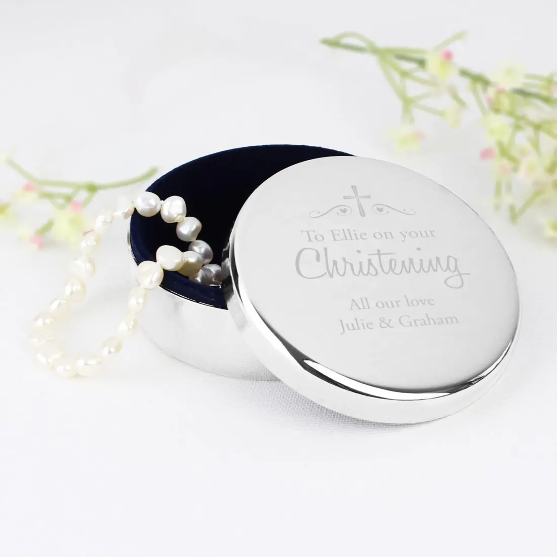 Personalised Religious Round Trinket Box, Swirls and Hearts Custom Engraved Keepsake — photo 6