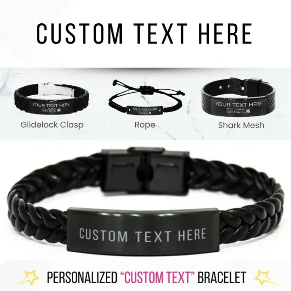 Personalized Quote Bracelet, Custom Engraved Text, Braided Leather Gift for Men and Women