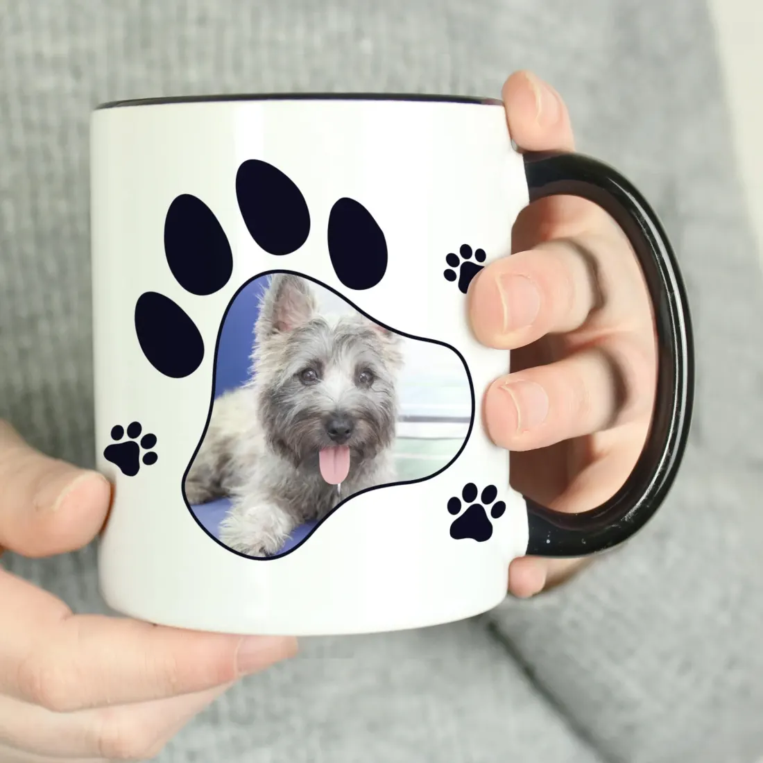 Personalised Pet Photo Mug, Black Handle Paw Print Design Mug, Custom Text Engraved Gifts