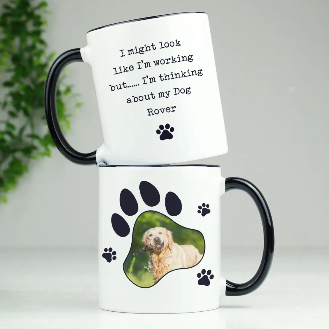 Personalised Pet Photo Mug, Black Handle Paw Print Design Mug, Custom Text Engraved Gifts — photo 3