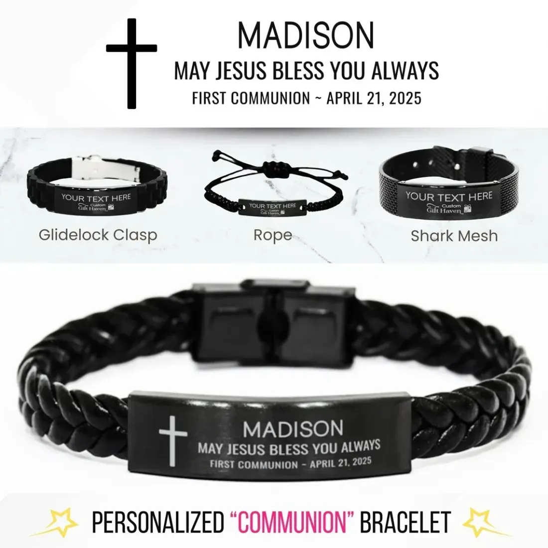 Personalized First Communion Bracelet, Engraved Catholic Christian Faith Gift, Custom Holy Communion Keepsake