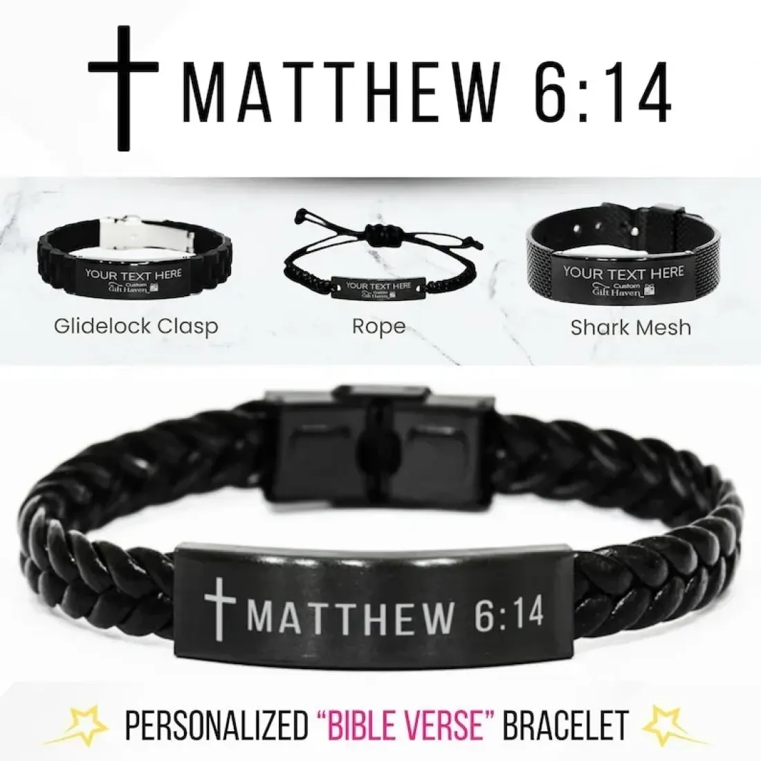 Personalized Bible Verse Bracelet, Engraved Black Stainless Steel Christian Jewelry, Custom Scripture Faith Gift