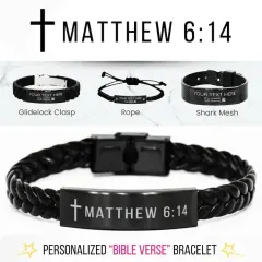 Personalized Bible Verse Bracelet, Engraved Black Stainless Steel Christian Jewelry, Custom Scripture Faith Gift thumbnail 1