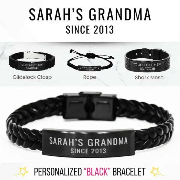 Custom Engraved Black Bracelet, Grandma Name Date Jewelry