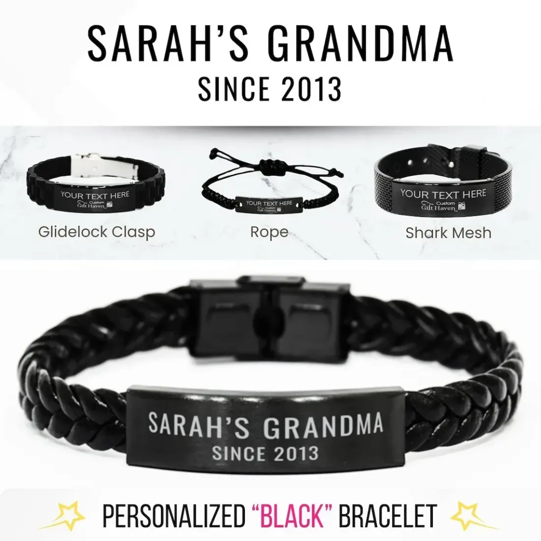 Custom Engraved Black Bracelet, Grandma Name Date Jewelry
